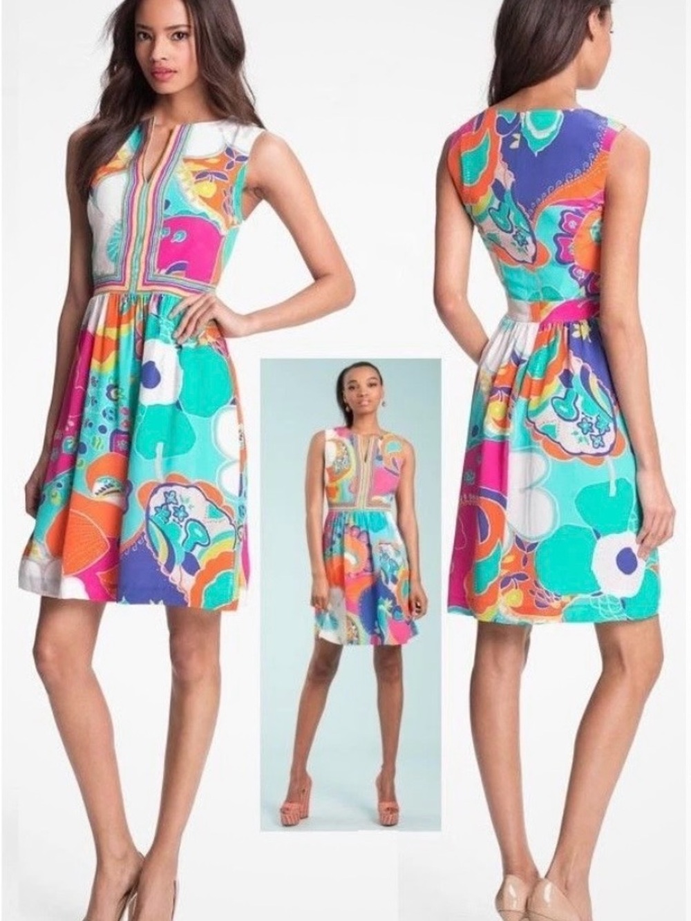 Trina Turk Multicolor Floral Keyhole Fit & Flare Silk Dress
